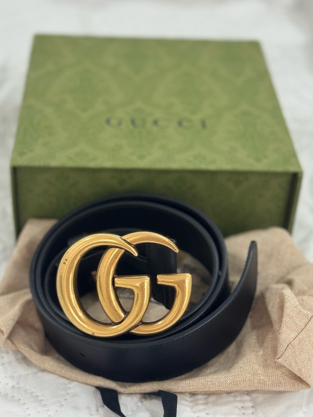 Gucci Black Leather Belt with Gold Double G Buckle